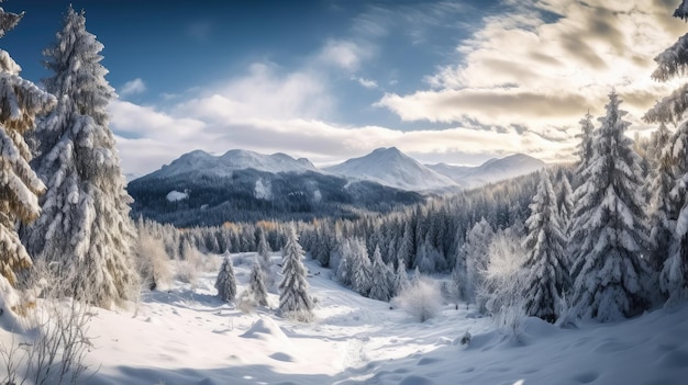 Eine verschneite Landschaft mit Bergen im Hintergrund