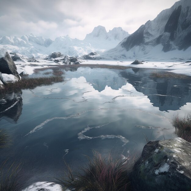 Eine verschneite Landschaft mit Bergen und einem See mit Schnee auf dem Boden.