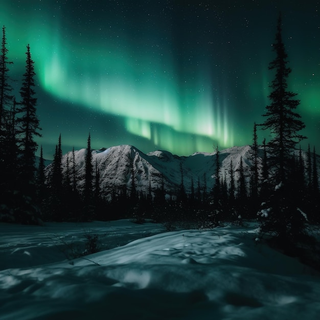 Eine verschneite Landschaft mit dem Nordlicht darüber