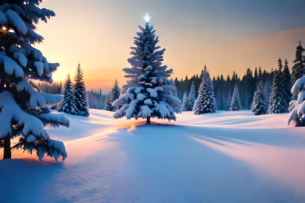 Eine verschneite Landschaft mit einem Baum im Vordergrund und einem Sonnenuntergang im Hintergrund.