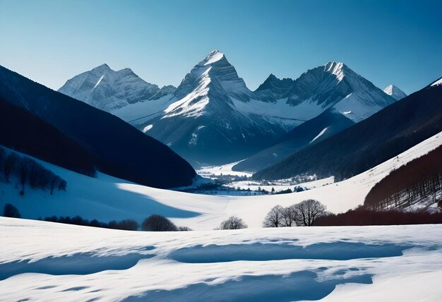 Foto eine verschneite landschaft mit einem berg im hintergrund und einem gebäude im hintergrund