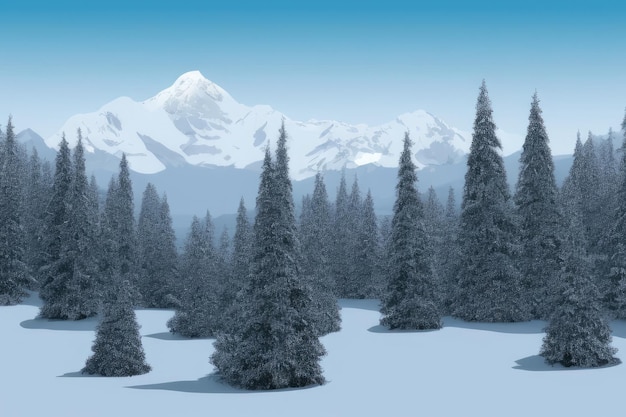 Eine verschneite Landschaft mit einem Berg im Hintergrund.