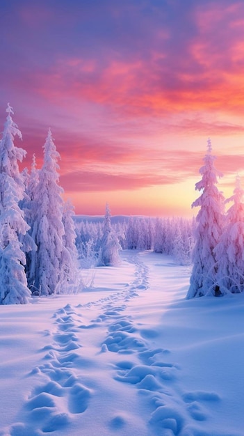 eine verschneite Landschaft mit einem Pfad im Schnee