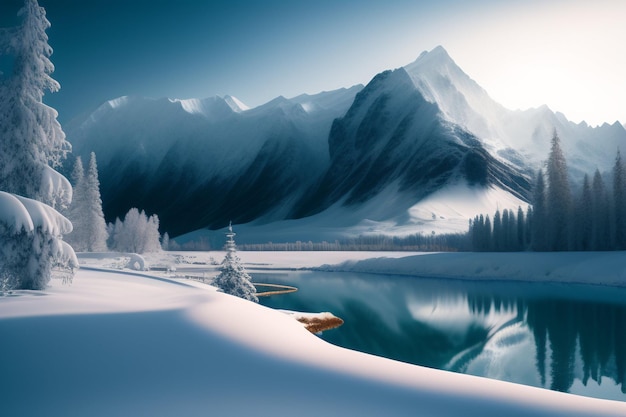 Eine verschneite Landschaft mit einem See und Bergen im Hintergrund