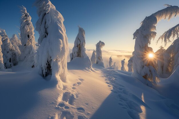 Eine verschneite Landschaft mit einem Sonnendurchbruch am Himmel