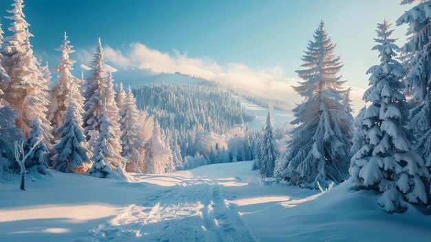 eine verschneite Landschaft mit einem Wald und mit Schnee bedeckten Bäumen