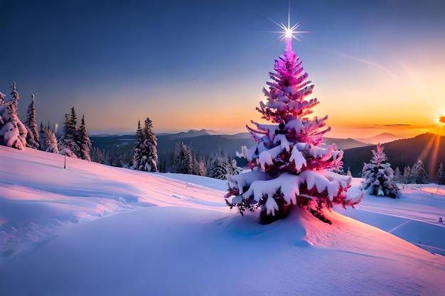 Eine verschneite Landschaft mit einem Weihnachtsbaum im Vordergrund und einem schneebedeckten Berg im Hintergrund.