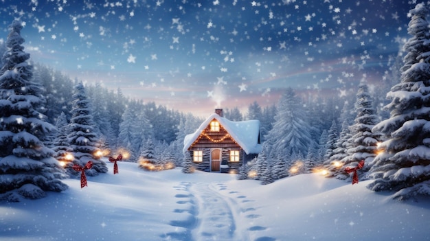 Eine verschneite Landschaft mit einer Hütte im Hintergrund, die mit Weihnachtslichtern geschmückt ist