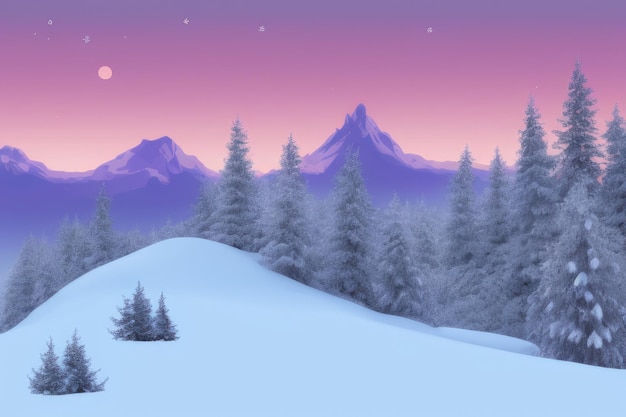 Eine verschneite Landschaft mit einer verschneiten Landschaft und einem Mond im Hintergrund.