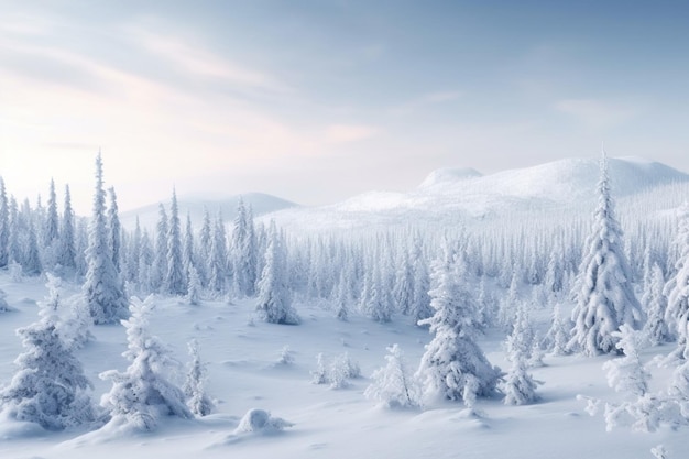 Eine verschneite Landschaft mit schneebedeckten Bäumen und blauem Himmel.