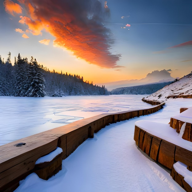 Eine verschneite Landschaft mit Sonnenuntergang und einem schneebedeckten Weg