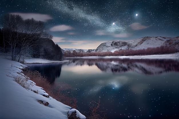 Eine verschneite Landschaft mit Sternenhimmel und einem Fluss im Vordergrund.