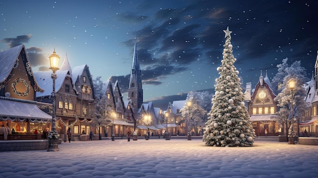 Eine verschneite Stadtplatzszene mit hoch aufragendem Weihnachtsbaum mit festlichen Ornamenten und funkelnden Lichtern