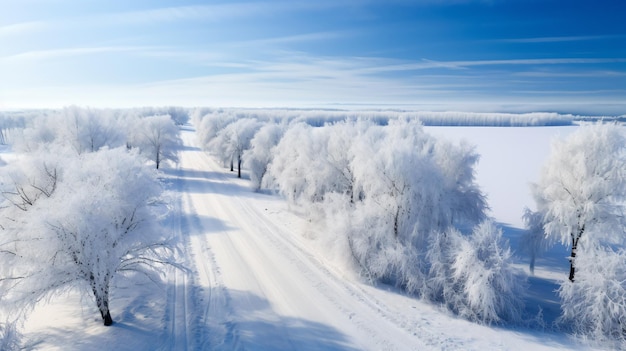 Eine verschneite Straße mit Bäumen und einem Himmelshintergrund