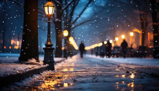 Eine verschneite Straße mit einem Laternenpfahl und einer Straßenlaterne im Schnee.