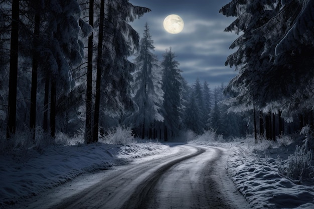 eine verschneite Straße mit einem Vollmond im Hintergrund