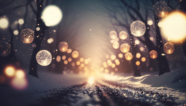 Foto eine verschneite straße mit lichtern und schnee auf dem boden