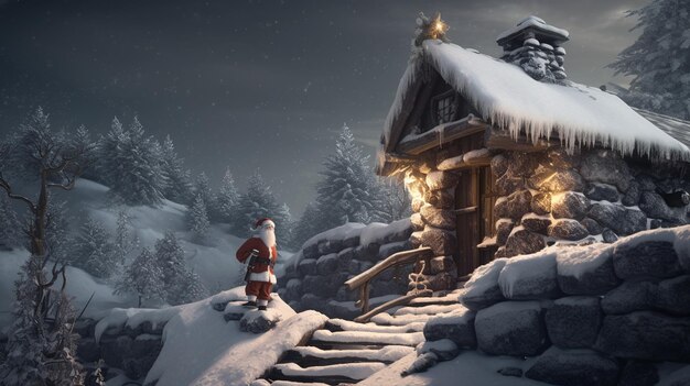 Eine verschneite Szene mit dem Weihnachtsmann vor einem Haus