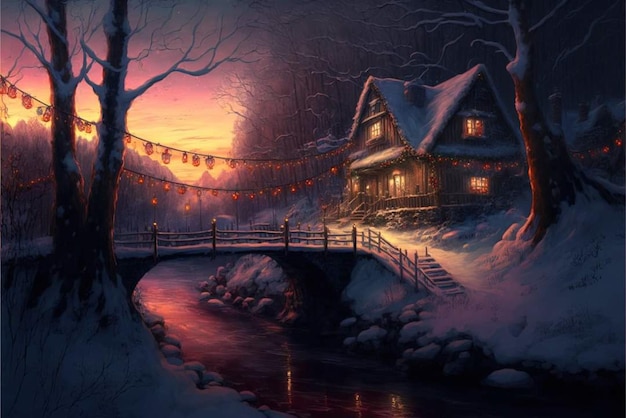 Eine verschneite Szene mit einem Haus und Lichtern auf der Brücke