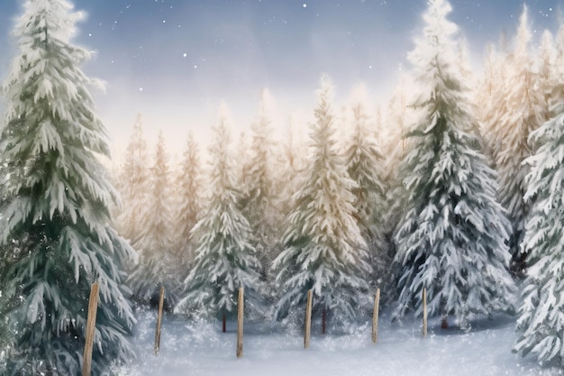 Eine verschneite Szene mit einem verschneiten Wald und einem Zaun mit Bäumen im Hintergrund.