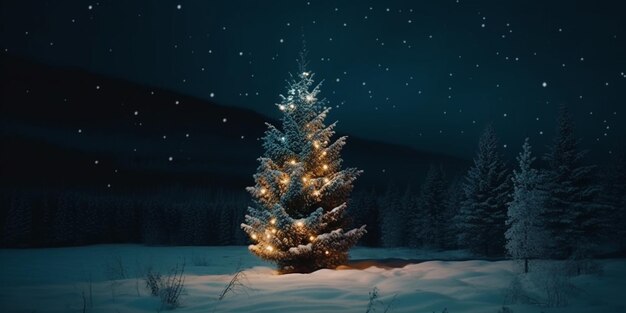 Eine verschneite Szene mit einem Weihnachtsbaum im Vordergrund und einem Sternenhimmel im Hintergrund.
