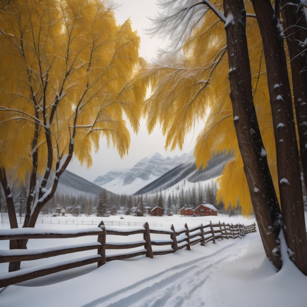 Eine verschneite Szene mit einem Zaun und Bäumen mit Schnee auf den Ästen.