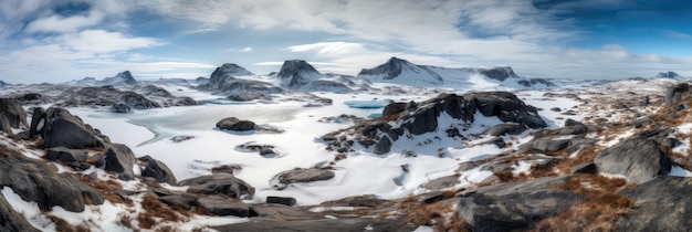 Eine verschneite Tundra mit eisigem Höhlenpanorama im Hintergrund. Generative KI