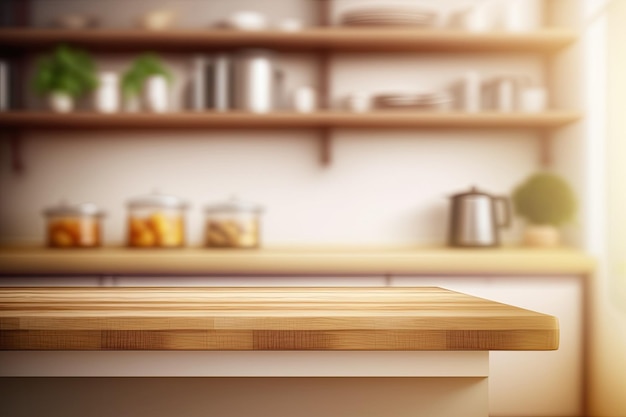 Eine verschwommene Perspektive einer modernen Küche mit Schränken und Regalen und einem Kühlschrank