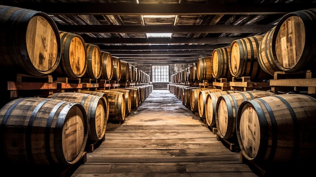 eine vertikale Ansicht eines Fasses Wein im Keller