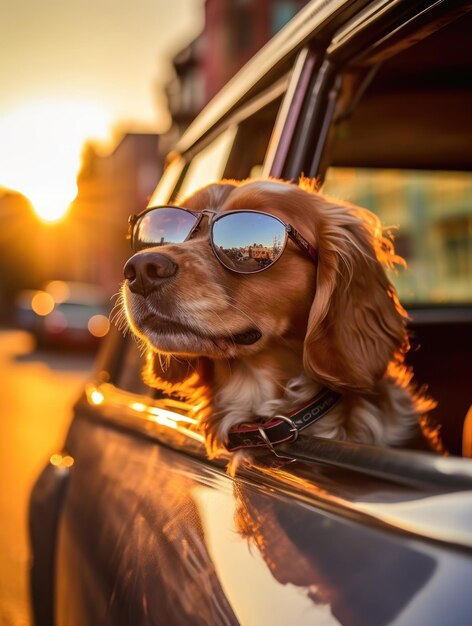 Eine verträumte Reflexion, eingefangen von einem Hund mit Sonnenbrille mit einer generativen KI der Vintage Leica M6