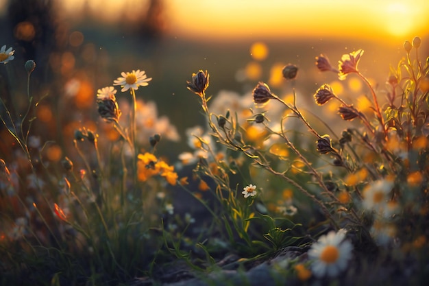 Eine verträumte, sonnenverwöhnte Aussicht entfaltet sich, während sich gelbe Blumen und Gras sanft wiegen, eingehüllt in das weiche Licht der Dämmerung