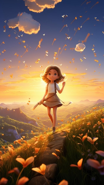 Eine verträumte und skurrile Szene eines Mädchens, das auf einem mit blühenden Blumen bedeckten Hügel einen Drachen steigen lässt