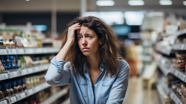 Eine verwirrte Frau, verärgert über die Preise der Produkte im Supermarkt