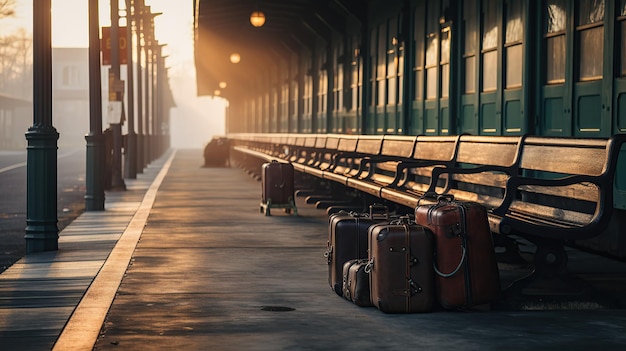 Eine verwitterte Bahnhofsplattform, die mit Holzbänken und antikem Gepäck geschmückt ist
