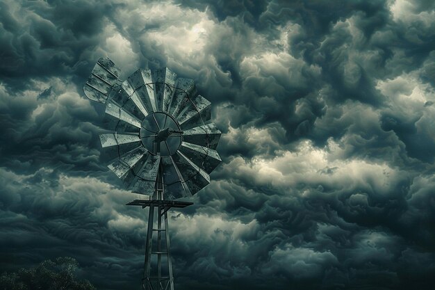 Foto eine verwitterte windmühle steht vor einer kulisse von