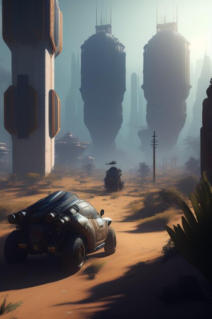 Eine Videospielszene einer Wüstenstraße mit Autos und hohen Türmen