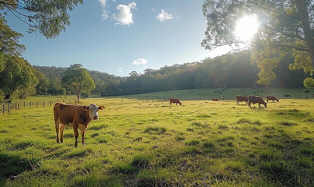 eine Viehherde, die auf einem Feld weidet, wobei die Sonne auf die Bäume scheint