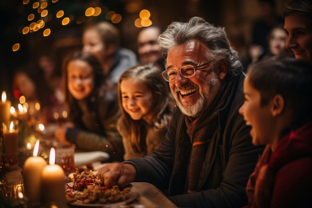 Eine vielfältige Familie teilt freudige Momente und lacht bei einem Festessen