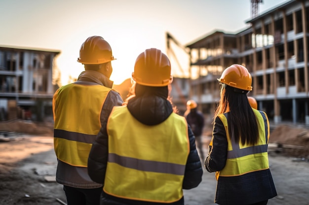 Eine vielfältige Gruppe von Auftragnehmern, die an der Planung und Beurteilung eines Bauprojekts auf einer Ingenieurbaustelle zusammenarbeiten