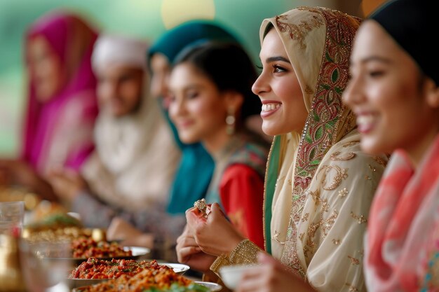 Foto eine vielfältige gruppe von frauen, die nebeneinander an einem tisch sitzen, sich unterhalten und eine mahlzeit teilen, eine gruppe von freunden, die sich an den feierlichkeiten des eid erfreuen.