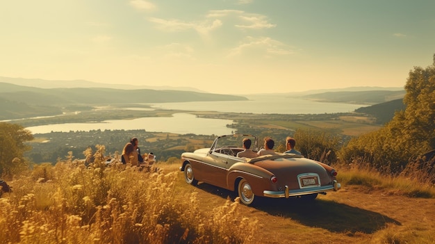 Eine vielfältige Gruppe von Freunden, die zusammen stehen und stolz neben einem klassischen braunen Auto posieren