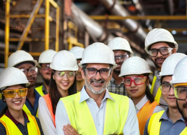 Eine vielfältige Gruppe von Industriearbeitern mit weißen Helmen und gelben Westen posiert für ein Foto Industrielle Teamarbeit Sicherheitsgeräte Konzept des Arbeitsplatzes
