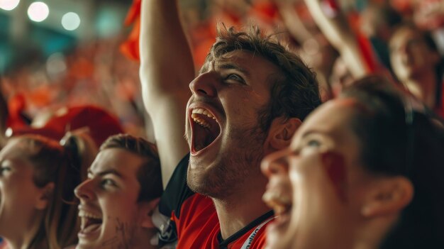 Eine vielfältige Gruppe von Menschen jubelt freudig, während sie in einem überfüllten Stadion zusammen stehen