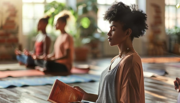 Foto eine vielfältige gruppe von menschen meditiert in einem mit sonnenlicht überfluteten yoga-studio