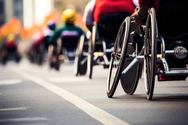 Eine vielfältige Gruppe von Menschen mit Behinderungen fährt freudig mit ihren Rollstühlen durch eine belebte Stadtstraße. Rollstuhlsportler nehmen an einem Marathon teil, der von KI generiert wurde