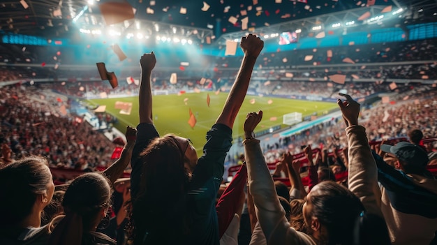 Eine vielfältige Menge aufgeregter Fans jubelt und weht mit Fahnen bei einem Fußballspiel