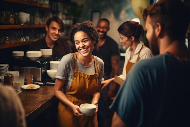 Foto eine vielfältige menschenmenge versammelt sich an einem sonnigen tag vor einem belebten café. eine junge kellnerin serviert einer vielfältigen gruppe von freunden in einem café oder einer bar kaffee.