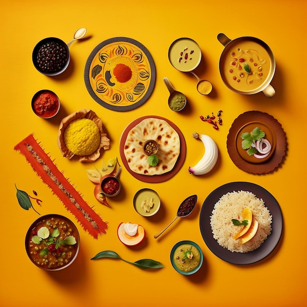 Eine Vielzahl atemberaubender indischer Gerichte sind auf einem warmen gelben Stoff arrangiert und bilden so eine attraktive Präsentations-KI