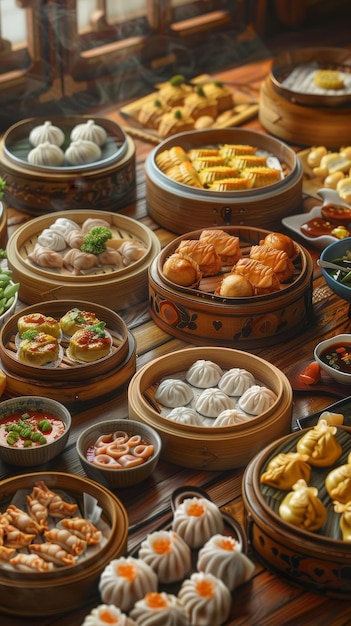 Eine Vielzahl farbenfroher Dim-Sum-Gerichte auf einem Holztisch, darunter Schweinebrötchen Har Gow und Shumai