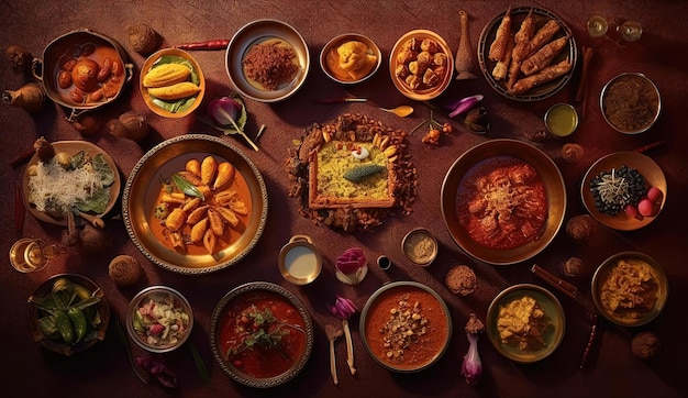 Eine Vielzahl verschiedener indischer Gerichte im Stil von dunklem Gold und hellem Karmesinrot